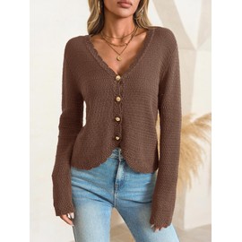 Saodimallsu Womens V Neck Cardigan Sweaters Button Up Cropped Boho Knit Long Sleeve Loose Trendy Sweater Tops Brown