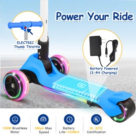 3 Wheel Electric Scooter for Kids, Folding Kick Scooter w/150W Motor, Thumb Accelerator, 3 Adjustable Height, 5Mph Speed, Flashing Wheels & Deck, Sticker, Self-Balancing Toys for Boys, Girls, Blue