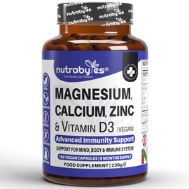 Magnesium Calcium Zinc & Vitamin D3 Vegan Supplement, Advanced Immunity Support, High Strength Vitamin D3, Strong Bones & Teeth, Muscle Recovery, Sleep Better, 180 Vegan Capsules-6 Months Supply - UK
