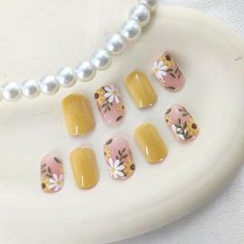 Yellow Press on Nails Short Square Fake Nails with White Flower Leaves Desgins Nude Nails Press ons Glossy Glue on Nails Spring Acrylic Nails Artificial Stick on Nails for Women 24Pcs