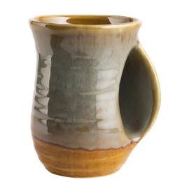 Hand Warmer Mug, Handmade Pottery Ceramic and Hand Painted - The Contoured Pocket will Hold Warmth From The Heat Of Your Drink To Keep Your Fingers Warm, Comfy Handwarmer (Desert Green) (Right hand)