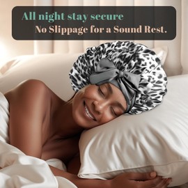 Ptrin Satin Bonnet, Double-Sided Silk Bonnets for Sleeping, Night Hairs Sleep Cap with Elastic Band,Head Cover Hat for Women Girls Long, Straight, Curly Hair for Women,Leopard Grey