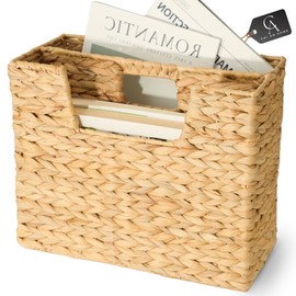 CHI AN HOME Wicker Magazine Basket, Handwoven Water Hyacinth Storage Bin & Organizer for Files, Books, Newspapers, Documents, Decorative Storage Bin with Handle for Office, Living Room, Dorm, Bathroom