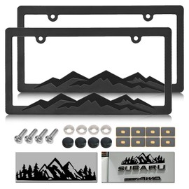NJNYLLC Mountain License Plate Frames - Plastic Car Tag Holders with Raised Mountain Design, Black on Black, 2 Pack 2 Hole with Screws & Caps, Mountain Vinyl Sticker Included