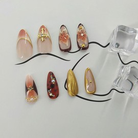 Almond Press on Nails Medium Fake Nails with Flower Pearl Designs French Tip Nails Press ons Brown Acrylic Nails Fall Winter Glue on Nails 3D Gold Embossed Stick on Nails for Women 24Pcs