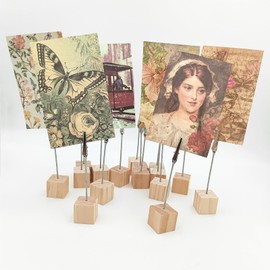 Photo Holder with Clips,10 PCS Memo Clip Holder for Place Cards Table Numbers Wedding Decorations and Greeting Card Display Vertical Note Cube Stand Wooden Holder for Table Decor