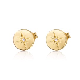 S.Leaf Sterling Silver Stud Earrings for Women Gold Plated Tiny Dot Disc Star Coin Earrings Small Round Tiny Earrings Dainty Simple Earrings for Women (B01_DiscStar_Gold)