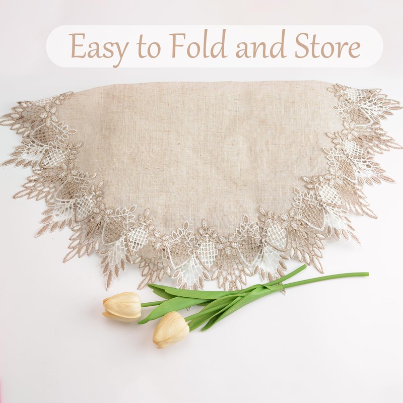URROMA Round Doilies Linen 60x60cm Beige Tablecloth Lace Trim Coffee
