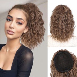 QGZ Ponytail Extension,Drawstring Ponytail for Women 14 Inch Synthetic short Curly Wavy Lightweight Layered Pony Tails Hair Extensions Clip in Ponytail Hairpiece for Women(Medium Brown)