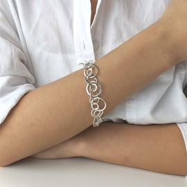 Silverly Women's 925 Sterling Silver Interlinking Ring Disc Hoop Polished Chain Bracelet, 22 cm