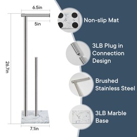Toilet Paper Holder Stand with Weighted Natural Marble Base, Bathroom Free Standing Toilet Paper Roll Holder with Reserve, Standing Toilet Tissue Holder with Storage (Brushed Nickel, with Reserve)