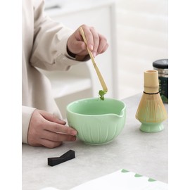 TANG PIN Matcha Set - Match Bowl with Spout and Whisk, 15 OZ, Matcha Scoop | Matcha Whisk Stand (Chasen Holder) - 4pc Perfect Matcha Kit for Matcha Tea Ceremony (Green)