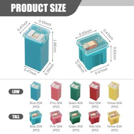 dawfall 30 PCS Car Fuse Assortment Kit, Low Profile and Tall/Standard Box Shaped Fuses 20 A 30 A 40 A 50 A 60 A, Car Cartridge Fuse Kit for RVs, Cars, Trucks, SUVs, Boats (Multicolored)