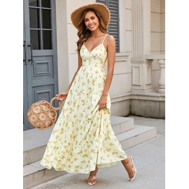 HTZMO Women Casual Summer Floral Maxi Sundress V Neck Spaghetti Strap Bow Tie Backless Flowy Boho Beach Long Dress 2025 Yellow Floral M