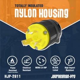 Journeyman-Pro 2611 30 Amp 125 Volt NEMA L5-30P 2P 3W Locking Male Plug Connector Black Industrial Grade Grounding 3750 Watts Generator Rating (L5-30P Male Plug)