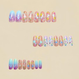 Flower Press on Nails Medium Colorful Smudge Spring Floral False Nail Full Cover Blossom Stick on Nails Acrylic Artificial Fingernails Almond Shaped Glossy Press Ons Glue on Nails for Women 24Pcs