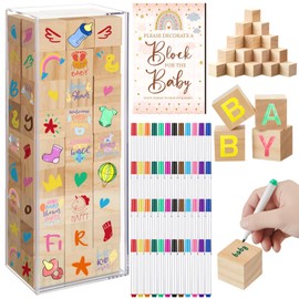 Tenceur 104 Pcs Baby Shower Game Sign Set Baby Shower Blocks to Decorate 54 DIY Blank Wooden Block 48 Watercolor Marker with Acrylic Box Set for Games Gender Reveal Party Supplies(Boho)