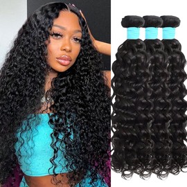 Water Wave Human Hair Bundles 16 18 20 Inch 100% Unprocessed Brazilian Curly Wave Bundles Human Hair Natural Color for Black Women (16 18 20 inch)