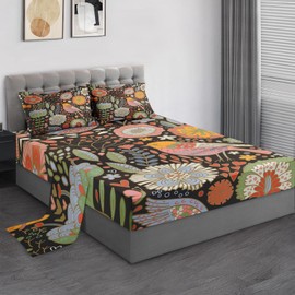 Pamnest Full Size Bed Sheet Sets, Chinese Flower Retro Soft Microfiber 4 Pcs Bedding Sets for Kids and Adults Bedroom Bed Decor, Floral Bird Vintage Flat, Fitted Sheet and Pillowcases