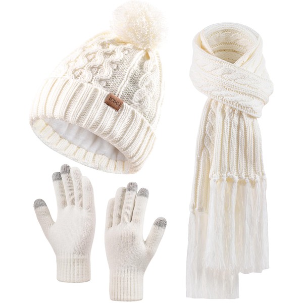 Women Winter Knit Warm Hat Beanie Scarf Gloves Set Pom