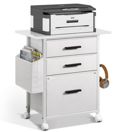 NASHZEN File Cabinet Printer Stand, Fabric Mobile Filing Cabinet with 3 Storage Drawers, for Hanging A4, Letter Size File Folders, Storage Bag and Hooks Home Office, White