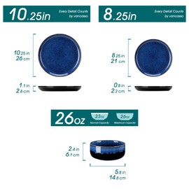 vancasso Starry 18 Pieces Dinnerware Sets for 6, Blue Reactive Glaze Dishes Sets, Ceramic Plates and Bowls Sets, Dinner Salad Dessert Plates, and Cereal Bowls Set, Dishwasher and Microwave Safe