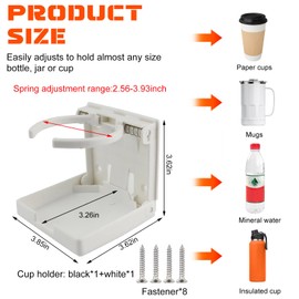 Yourkar 2 PCS Adjustable Folding Drink Holders, ABS Foldable Auto Cup Holder with Screws, Vehicle Water Bottle Holder for Truck, RV, Van, Boat, Camper, Caravan, Car Accessories (White+Black)