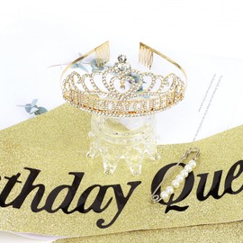 CURASA Gold Birthday Crown and Sash for Women Girls Princess Birthday Tiaras Sashes for Parties and Celebrations