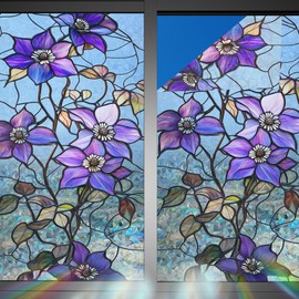 Nuxovilar Stained Glass Clematis Window Film, 17.7×39.4inch Purple Flower Pattern, PVC Static Cling for Bedroom/Living Room Elegant Decor (Crescent)