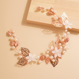 Xerling Rose Gold Flower and Leaf Hair Vine Accessories for Women Girls Wedding Hair Piece Jewelry Pearl Headband for Brides (Rose Gold)
