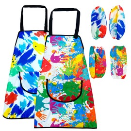 HARRA HOME Children's Painting Apron, 2 Pieces, Children's School Apron for 6-10-12 Years, Girls, Boys, Adjustable Cooking Apron Children with Sleeves and Big Pockets for Crafts, Painting, Baking,