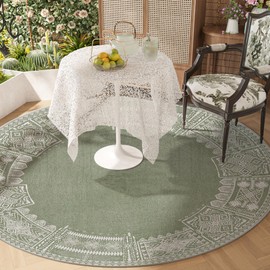 NICETOWN 6ft Round Rugs Green Boho Wahsable Rug, Thin Non-Slip Entryway for Bedroom Durable Carpet, Non-Slip Faux Wool Soft Oriental Medallion Living Room Dining Room Carpet, Sage Green, 6ft