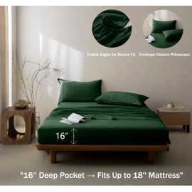 Talasily 100% French Pure Linen Sheets Set Queen Size,Oeko-TEX Certified Bedding, All-Season Breathable for Hot Sleepers,16 Inch Deep Pocket Machine Washable 4-Piece (Forest Green)