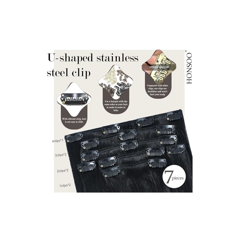 Honsoo Extensiones de Cabello Humano con Clip Negro Azabache 70g