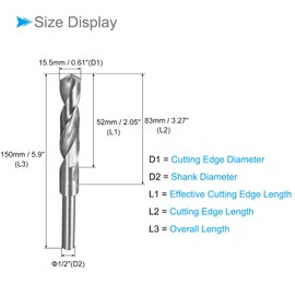 CoCud Reduced Shank Drill Bit, 15.5mm Cutting Edge 1/2" Shank, High Speed Steel 4241 Polished Twist Drill Bits - (Applications: for Aluminum Copper Wood Plastic)