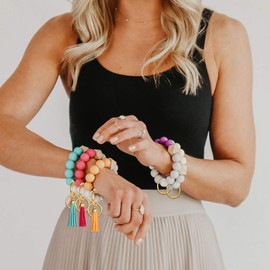 boderier Silicone Bead Key Ring Keychain Bracelet Wristlet Band Bracelet with Leather Tassel (White Marble)