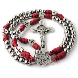 HanlinCC Large and Heavy Stainless Steel Beads Rugged Durable Paracord Rosary Necklace for Men with St.Michael Center Piece and St.Benedict Crucifix (Burgundy Paracord Rosary)
