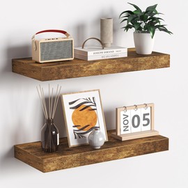 Fun Memories Floating Shelves - 2 Pack 12 Inch Deep Rustic Wooden Wall Shelves - Extra Deeper & Thicker Wall Mounted Storage Shelf for Living Room, Kitchen, Farmhouse - 16" W x 12" D x 1.5" H - Brown