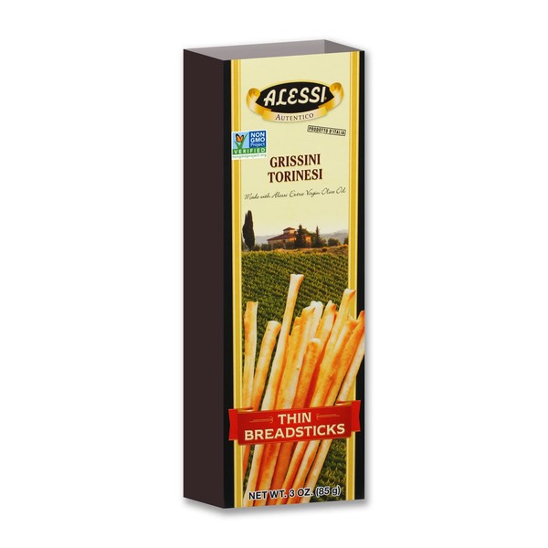 Alessi Imported Breadsticks, Thin Autentico Italian Crispy Bread Sticks, Low Fat Made with Extra Virgin Olive Oil, 3oz (Thin, 3 Ounce (Pack of 12))