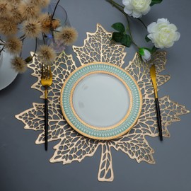 Snowkingdom Sets of 12 Fall Gold Leaf Placemats for Dining Table Pressed Vinyl Metallic Table Mats Thanksgiving Maple Leaf Place Mats Harvest Table Decor Holiday Party Wedding Accent Centerpiece