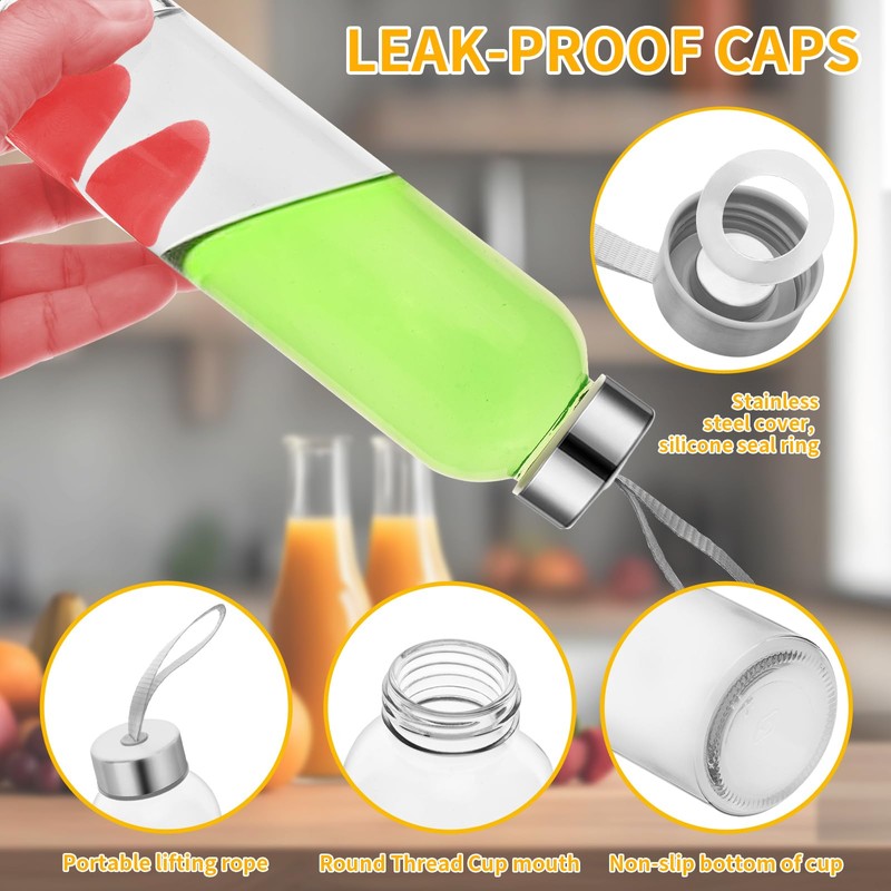 eispap 18 Oz Clear Glass Water Bottles, Reusable Glass Juicing