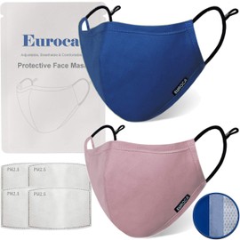 Euroca Cloth Face Mask 3 Layer Washable Reusable Breathable Adjustable with Filter Pocketfor Adults- 2 Packs with 4 Filters included (Royal Blue & Mauve Small)