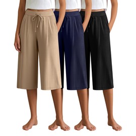 Locoowai 3 Pack Women's Capri Pants, Casual Wide Leg Yoga Pants High Waist Drawstring Cropped Lounge Trousers with Pockets(Black, Navy, Khaki,XX-Large)