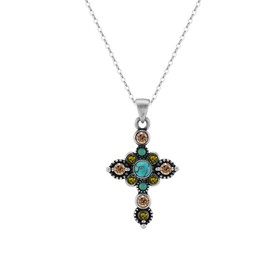 Foursky Genuine Turquoise Cross Pendant Necklace for Women, 925 Sterling Silver with Vintage Silver Plating, Bohemian Western Turquoise Jewelry Gift