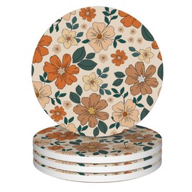 Coasters for Drinks,Set of 4 Absorbent Coasters,70s Retro Floral Flowers Ceramic Coasters with Cork Base,Cup Coaster for Coffee Table Protection,Gifts for Housewarming Birthday