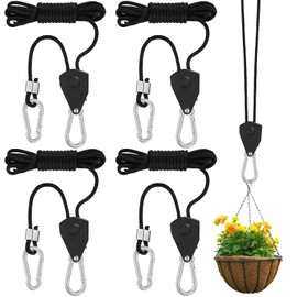4 Packs Rope Ratchets, 1/8 inch Rope Pulley Ratchet Hangers, Heavy Duty Adjustable Ratchet Ropes, Adjustable Rope Hangers, Grow Light Rope Hangers with Carabiner Hook, 6.5-ft Long & 150 lbs Capacity