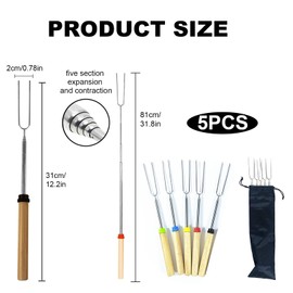 Pack of 5 Barbecue Skewers Telescopic Marshmallow Skewers, Stick Bread Sticks Roasting Sticks, Campfire Skewers, Stainless Steel Extendable Grill Stick, Barbecue Cutlery Set for Camping Grill