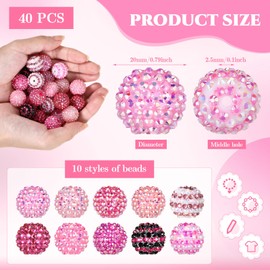 Loetere 40 Pcs 20mm Rhinestone Beads Crystal Round Disco Ball Beads Bulk Chunky Bubblegum Beads Charms for Christmas DIY Pens Making Jewelry Supplies Craft European Style Bracelets (Mix Pink)