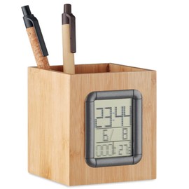 noTrash2003 Pen Holder Desk Organiser Sustainable Bamboo with Clock Calendar Alarm Thermometer
