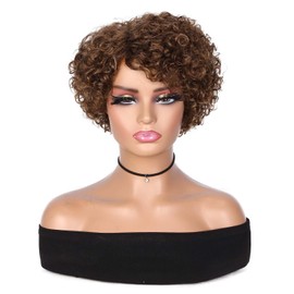 Hanne Fashion Short Curly Human Hair Wig for Black Women Brown Curly Bob Wigs Side Part Pixie Cut Wig Brazilian Remy Human Hair Non Lace Glueless Wigs (F4/30)
